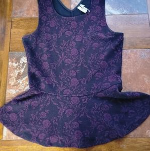 Burgundy floral peplum top blouse with fitted, flare waist